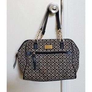 TOMMY HILFIGER Handbag Beige Black Trim Gold Accents TH Logo Design Pre-Owned